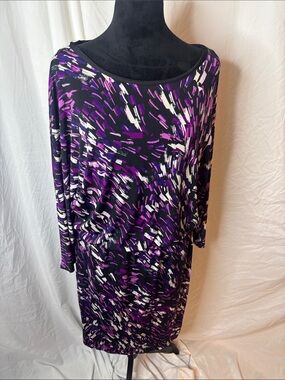 Nine West Black, Purple & White Abstract Long Sleeve Dress